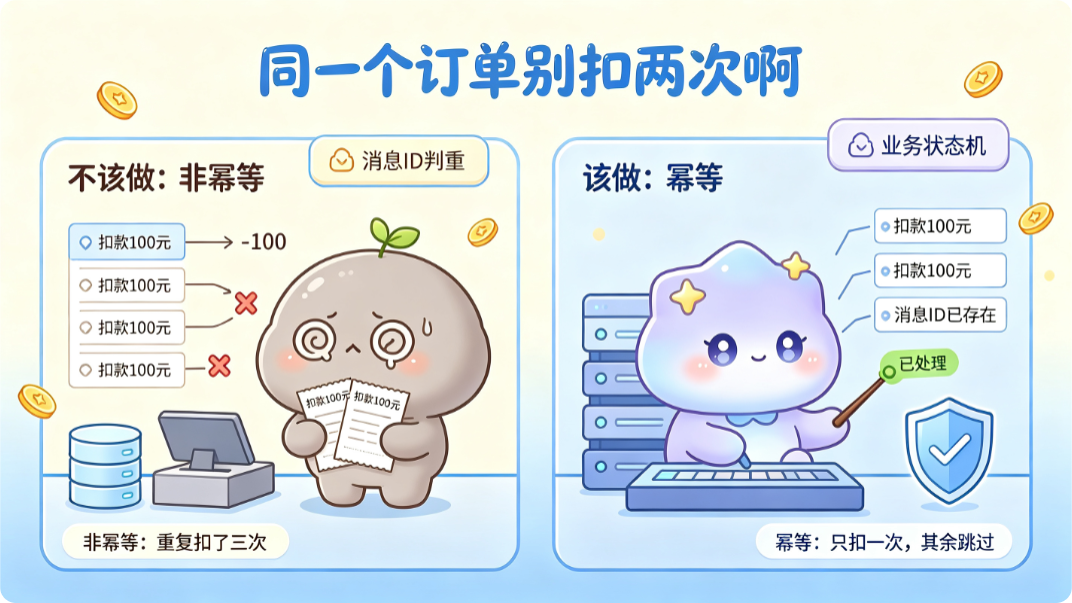 非幂等：同一个订单扣了三次钱；幂等：第一条处理完，后面两条被拦截