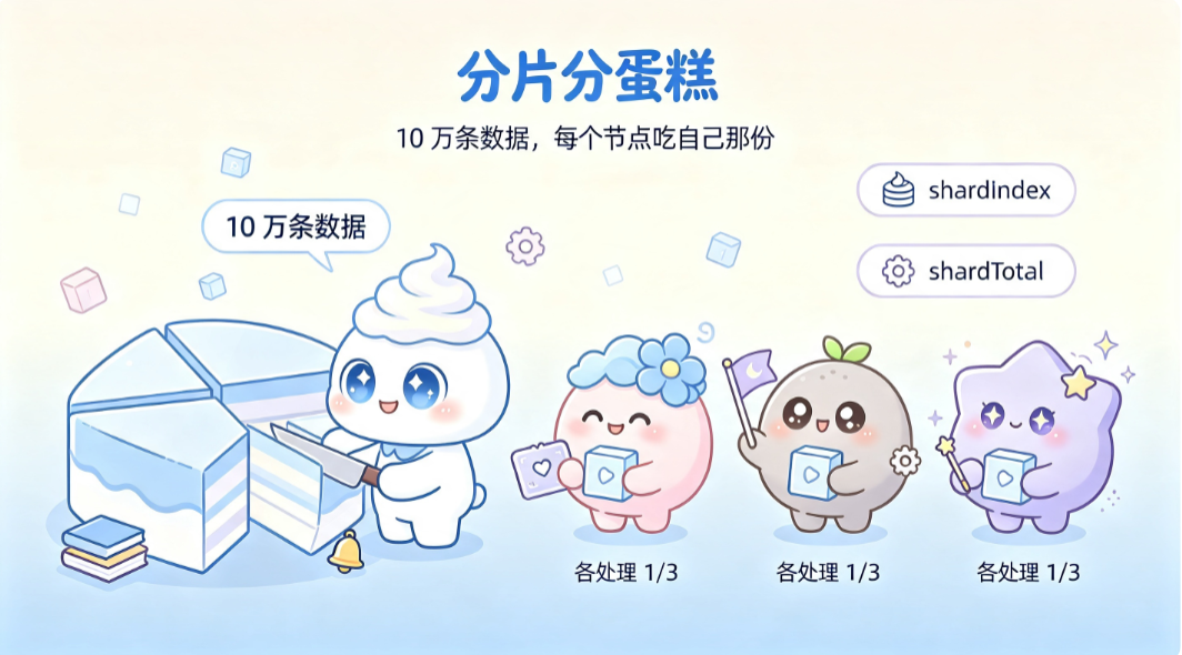 分片广播 = 把 10 万条数据平均分给 N 个执行器，各干各的