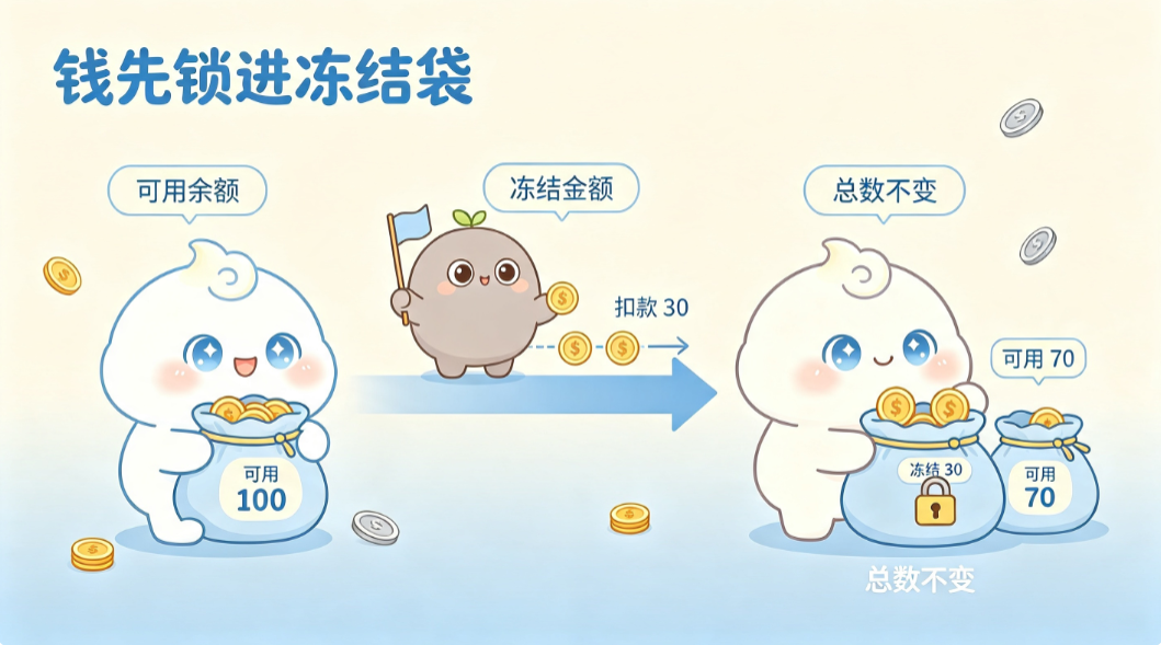 扣款不直接扣,先锁进冻结口袋,总余额保持不变