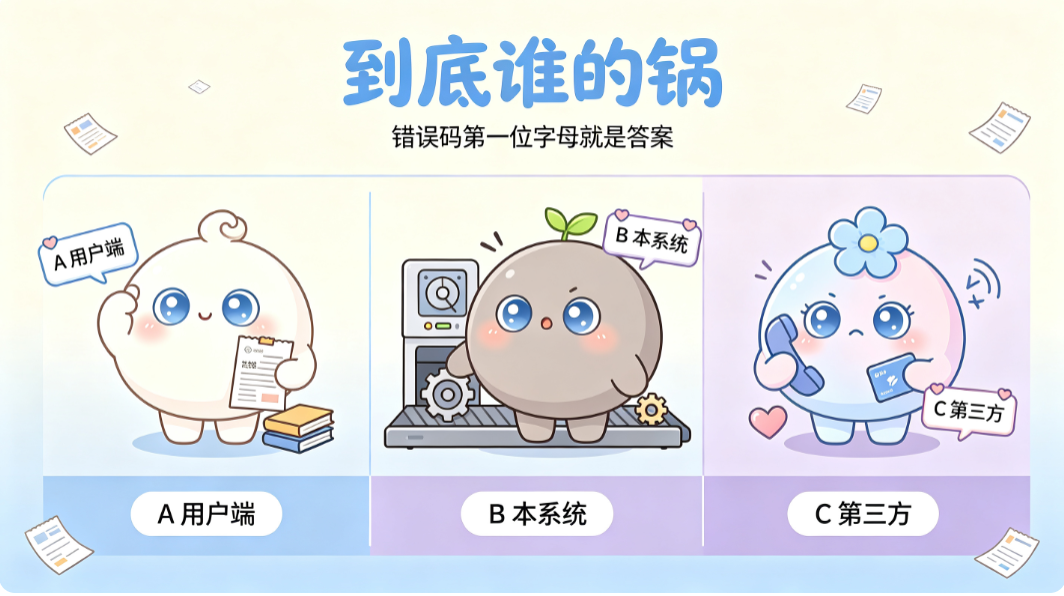 错误码第一位字母就是"甩锅对象"——A 用户、B 本系统、C 第三方。
