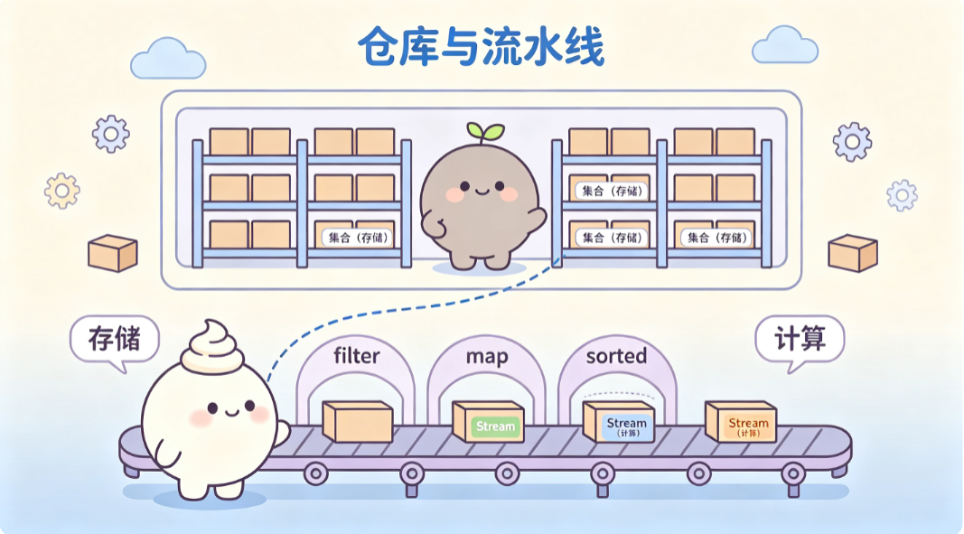 集合是仓库只管存，Stream 是传送带负责算。