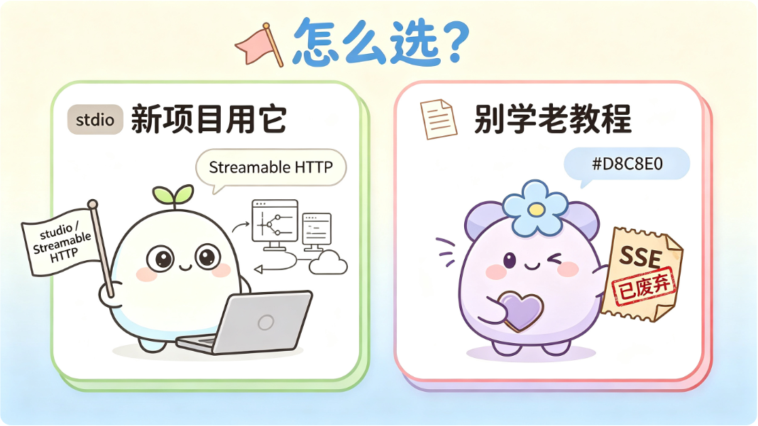 新项目用 stdio 或 Streamable HTTP，SSE 就别碰了