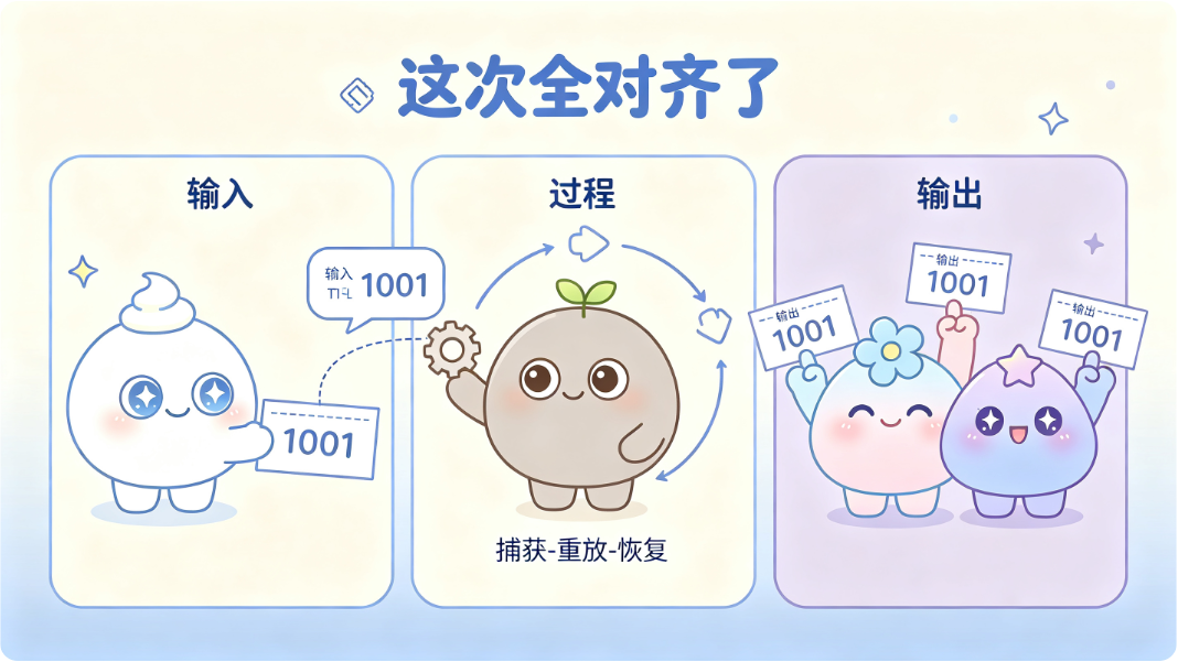 输入 1001，过程捕获-重放-恢复，输出全对齐