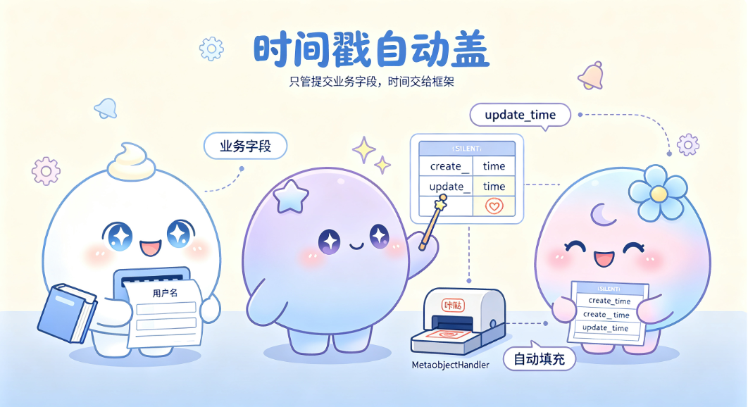 业务字段你填，时间戳它盖，各干各的，互不打扰。