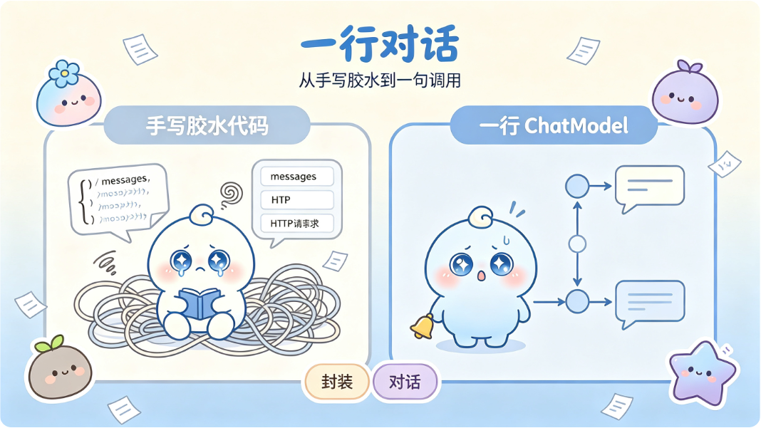 左边是手写胶水的凌乱,右边是 ChatModel 一句调用的清爽