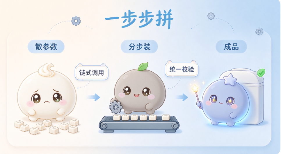 参数越多越该分步拼，build() 那一步顺手把非法组合挡在门外