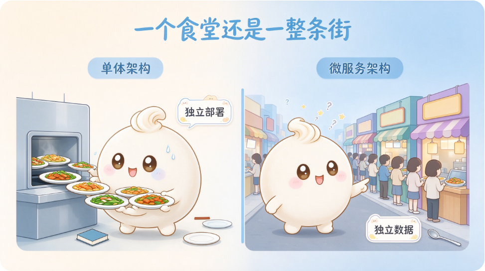 左边是一个窗口出所有菜，右边是每家店只管自己那道菜——微服务拆的是边界，不是数量。