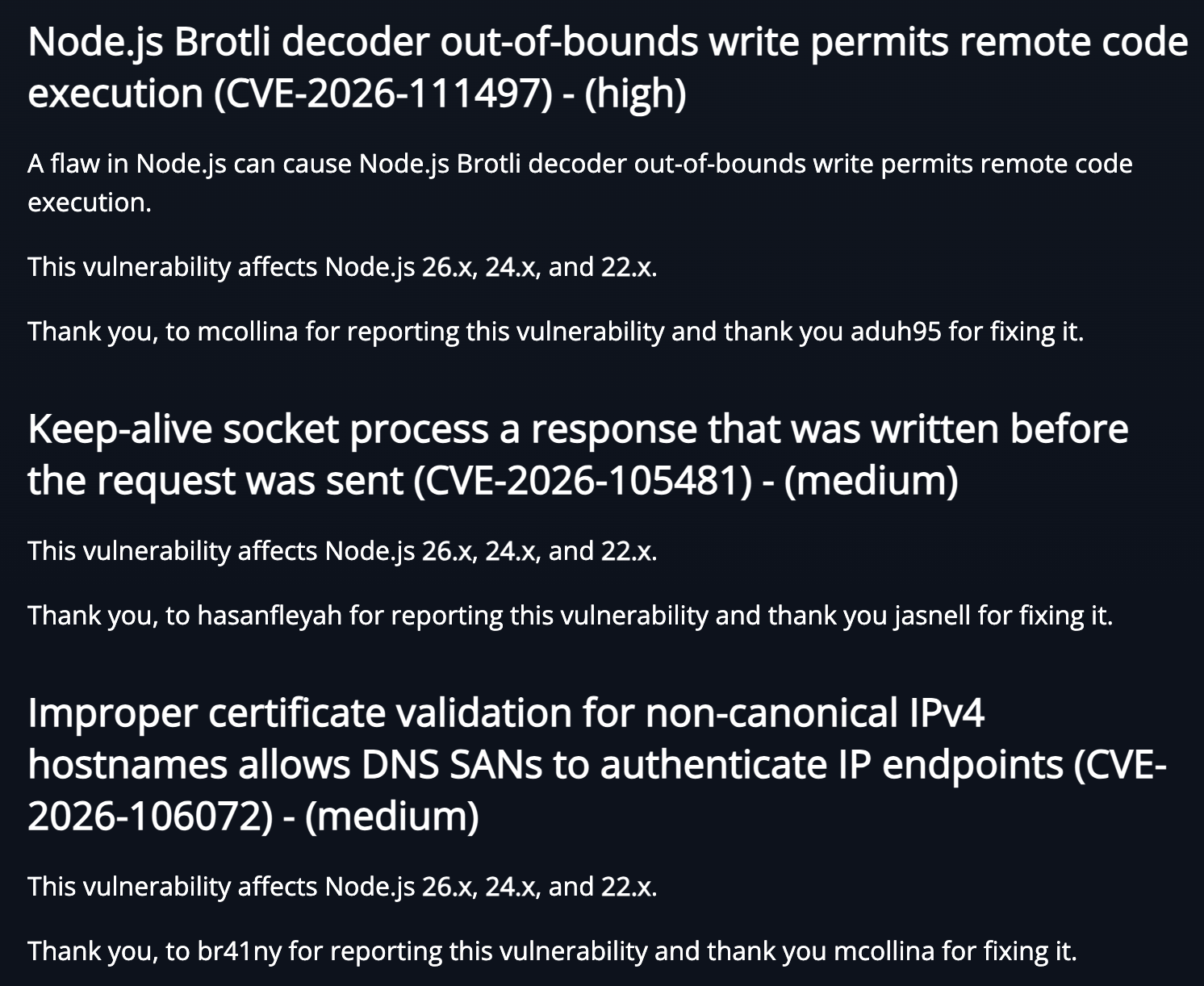 Node.js 安全发布：Brotli 解码器越界写 CVE-2026-111497，评级 high